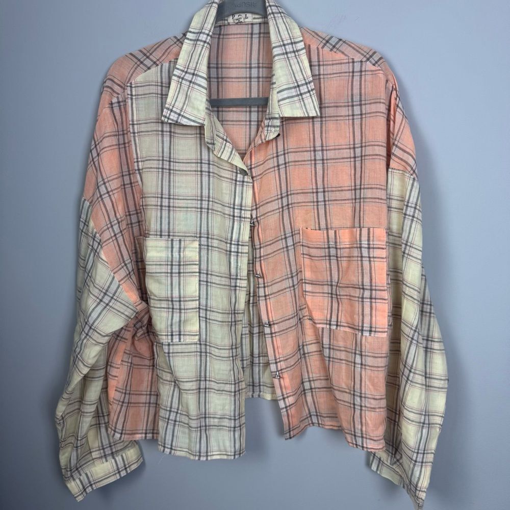 POL | Oversized Plaid Button Up Shirt Yellow & Orange Lightweight Women’s Size M